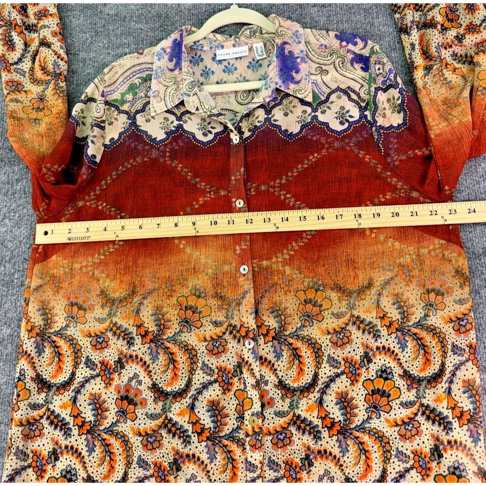 Susan Graver Button Front Tunic Top L Floral Paisley Print Long Sleeve Boho - Picture 8 of 15